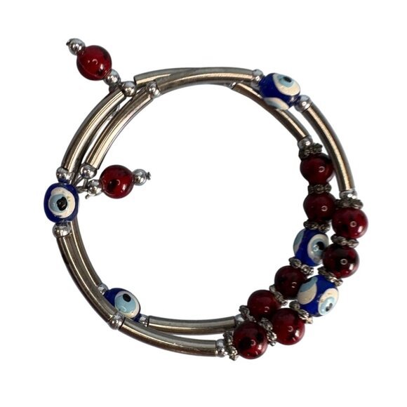 Murano Glass Evil Eye Beaded Wrap Bracelet Red & Blue Silver Tone Adjustable Han - Picture 3 of 7